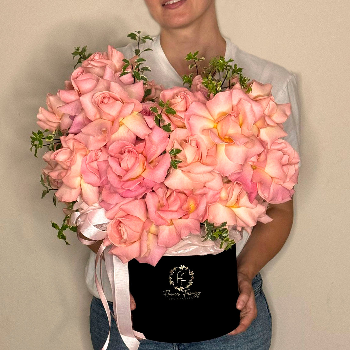 474. Pink Roses in a Black Box – FlowerFrenzyLA