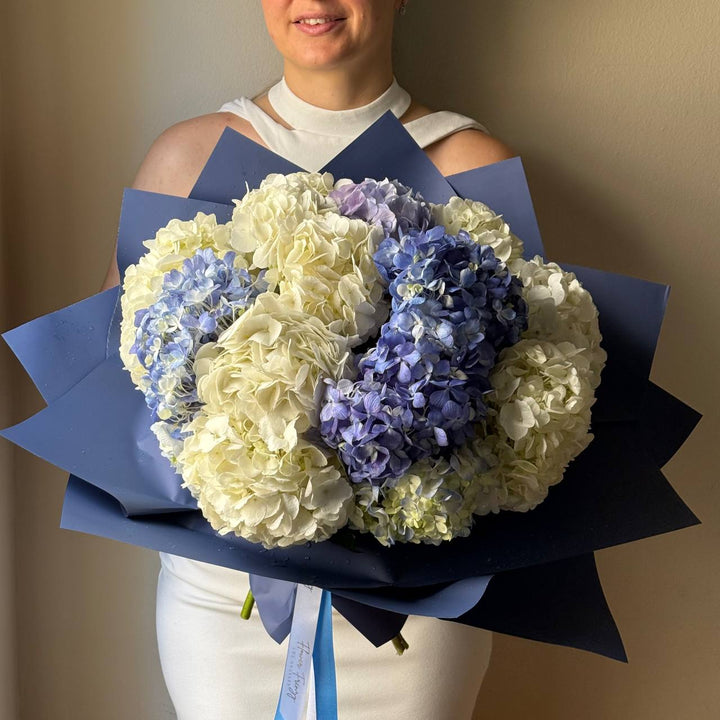605. White and Blue Hydrangea Bouquet