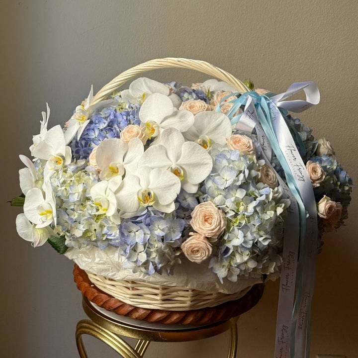 701. Orchid & Blue Hydrangea Basket