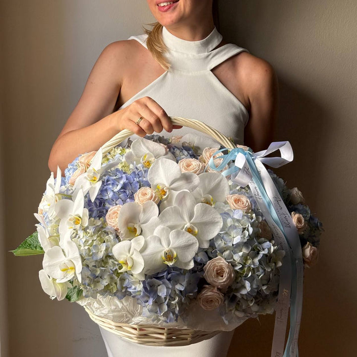 701. Orchid & Blue Hydrangea Basket