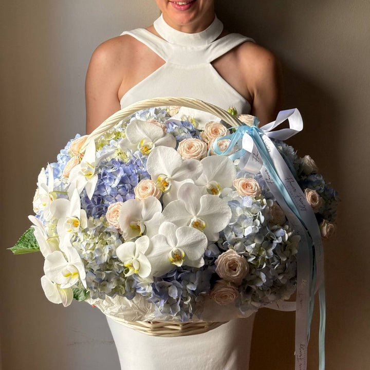 701. Orchid & Blue Hydrangea Basket