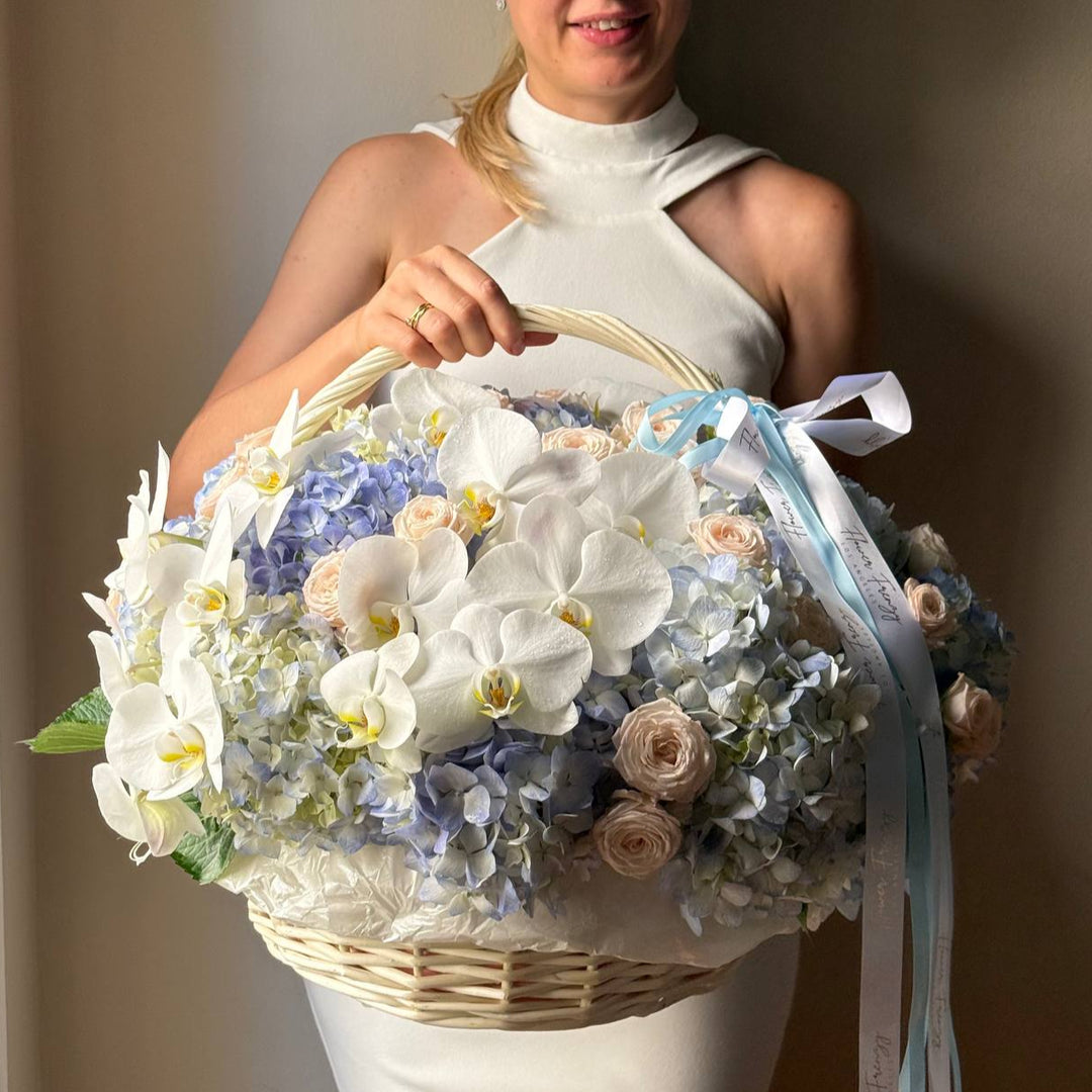 701. Orchid & Blue Hydrangea Basket