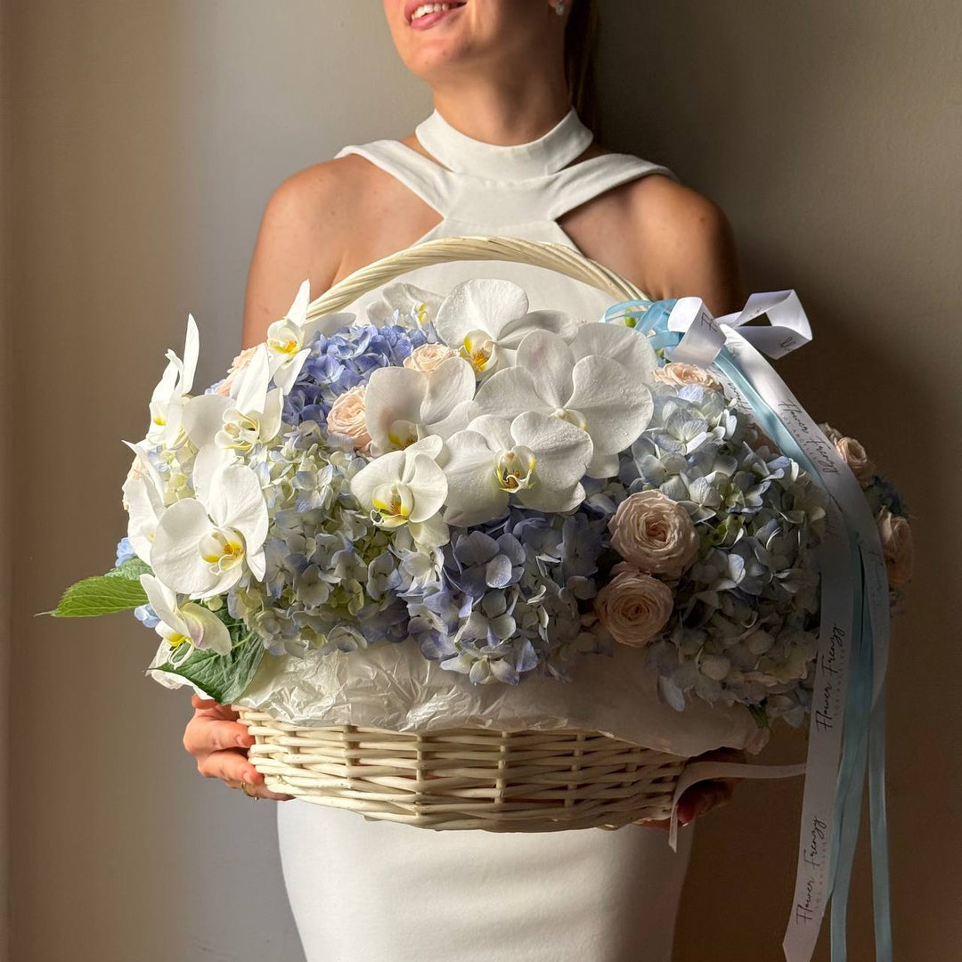701. Orchid & Blue Hydrangea Basket