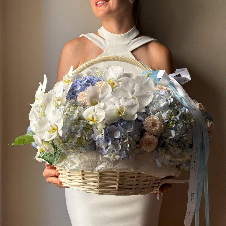 701. Orchid & Blue Hydrangea Basket