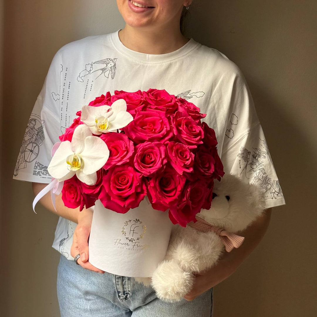 731. Hot Pink Roses & White Orchids with Teddy