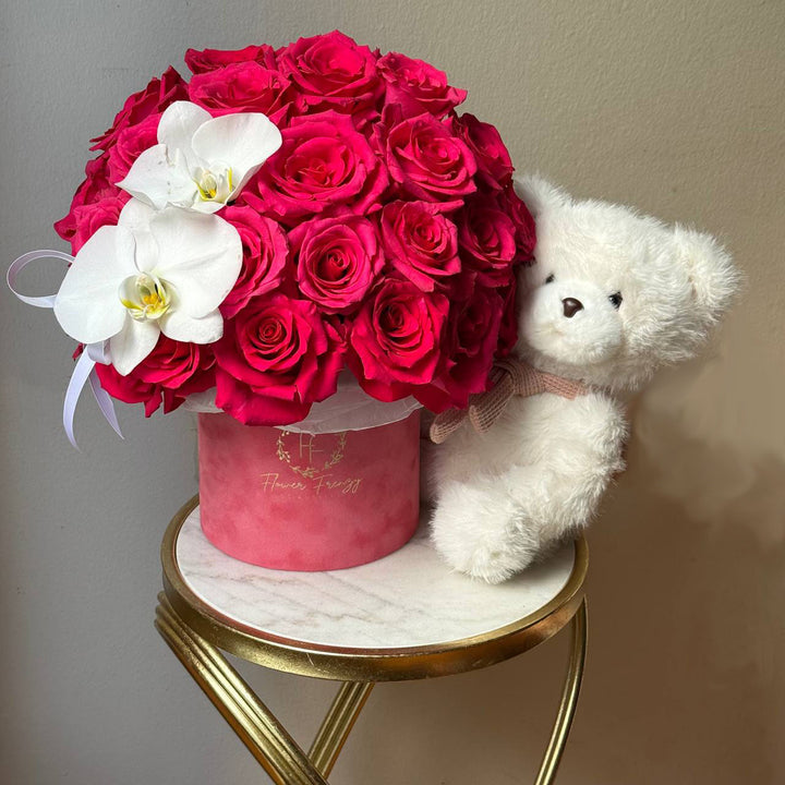 731. Hot Pink Roses & White Orchids with Teddy (Valentine's)