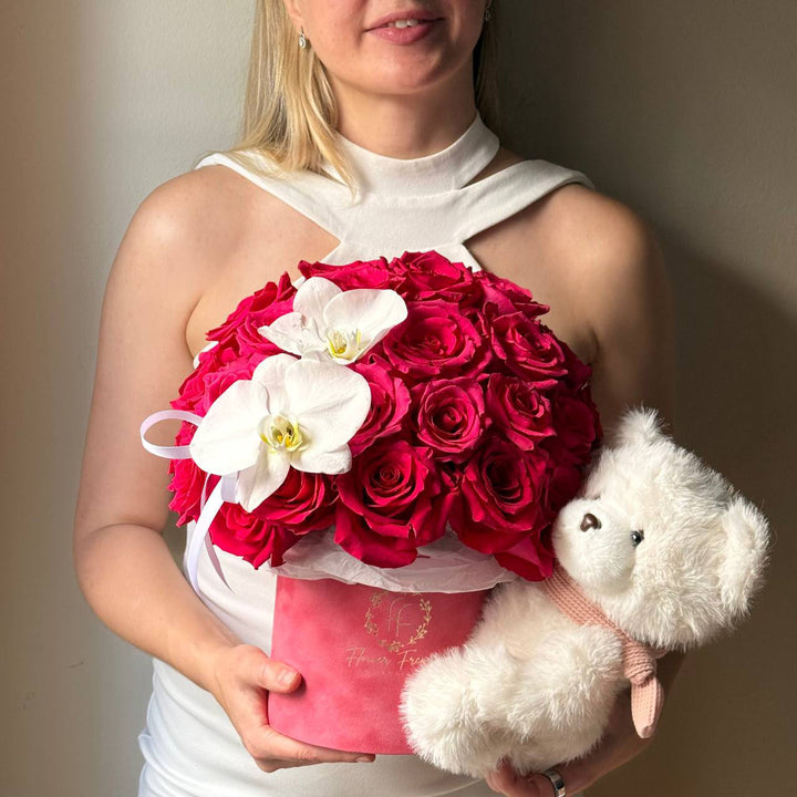 731. Hot Pink Roses & White Orchids with Teddy (Valentine's)