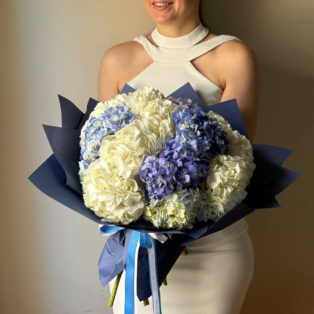 605. White and Blue Hydrangea Bouquet